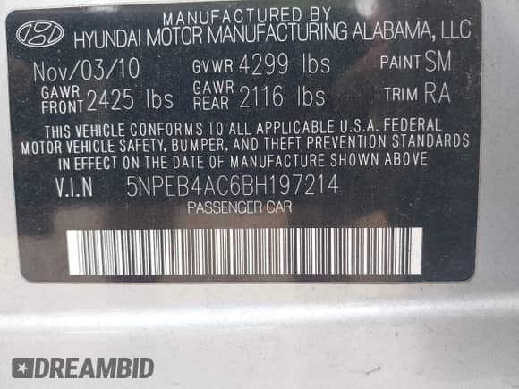 2011 Hyundai Sonata GLS with VIN 5NPEB4AC6BH197214, listed as a IAAI auction lot 43114167 with 137,530 mi miles and . Bid and sale history available at DreamBid. Image 9.