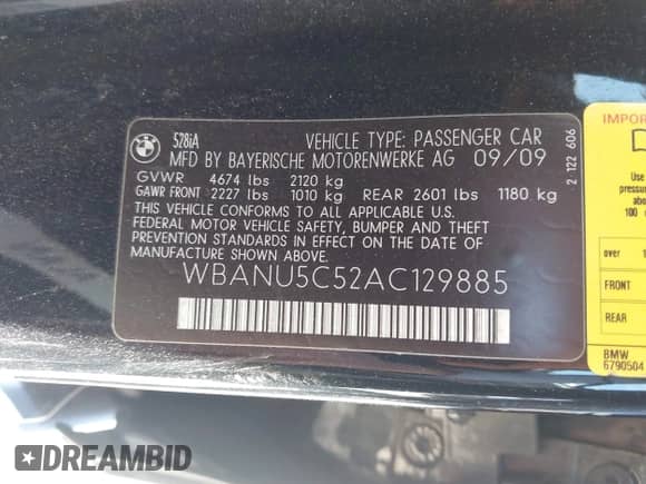 2010 BMW 5 Series 528i с VIN WBANU5C52AC129885, выставлен на аукционе IAAI как лот 42815885 с пробегом 173 323 миль миль и . История ставок и продаж доступна на DreamBid. Изображение 9.