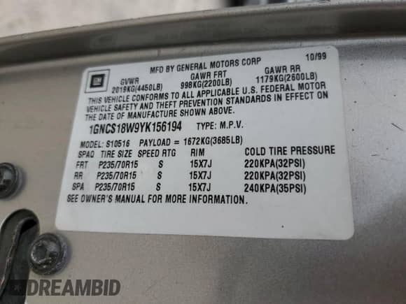 2000 Chevrolet Blazer LS с VIN 1GNCS18W9YK156194, выставлен на аукционе Copart как лот 45584375 с пробегом 90 327 миль миль и Чистый • Clean title. История ставок и продаж доступна на DreamBid. Изображение 12.