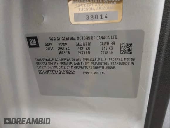 2011 Chevrolet Impala LS Fleet z VIN 2G1WF5EK1B1276252, wystawiony jako IAAI lot #43474389 z przebiegiem Nie podano mil oraz . Historia ofert i sprzedaży dostępna na DreamBid. Obrazek 9.