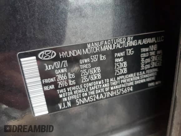 2022 Hyundai Santa Fe SEL с VIN 5NMS24AJ1NH375694, выставлен на аукционе Copart как лот 81189795 с пробегом 43 780 миль миль и На запчасти • Non repairable. История ставок и продаж доступна на DreamBid. Изображение 14.