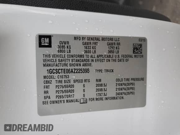 2010 Chevrolet Silverado 1500 LTZ with VIN 1GCSCTE06AZ225398, listed as a Copart auction lot 72906654 with Not provided miles and Non repairable. Bid and sale history available at DreamBid. Image 12.