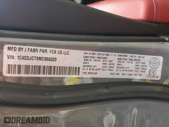 2021 Dodge Durango R/T with VIN 1C4SDJCT9MC866020, listed as a Copart auction lot 84046224 with 37,571 mi miles and Salvage title. Bid and sale history available at DreamBid. Image 14.