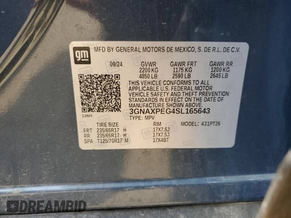 2025 Chevrolet Equinox AWD LT с VIN 3GNAXPEG4SL165643, выставлен на аукционе Copart как лот 67436925 с пробегом 8 823 миль миль и На запчасти • Non repairable. История ставок и продаж доступна на DreamBid. Изображение 13.