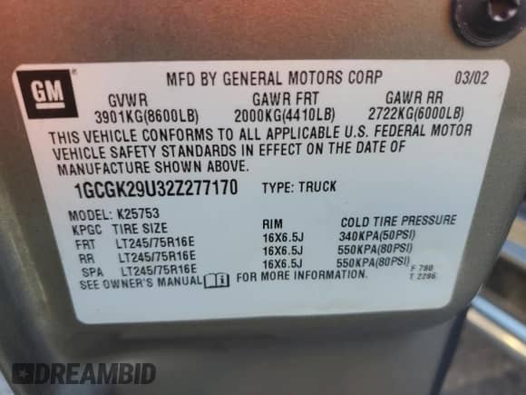 2002 Chevrolet Silverado 2500 LS z VIN 1GCGK29U32Z277170, wystawiony jako Copart lot #79872614 z przebiegiem Nie podano mil oraz Szkoda całkowita • Salvage title. Historia ofert i sprzedaży dostępna na DreamBid. Obrazek 12.