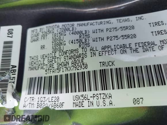 2019 Toyota Tundra SR5 with VIN 5TFAY5F17KX792930, listed as a IAAI auction lot 41196556 with Not provided miles and . Bid and sale history available at DreamBid. Image 9.