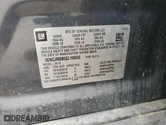 2016 Chevrolet Trax LTZ z VIN 3GNCJMSB5GL169600, wystawiony jako Copart lot #61972565 z przebiegiem 174 903 mil mil oraz Szkoda całkowita • Salvage title. Historia ofert i sprzedaży dostępna na DreamBid. Obrazek 13.