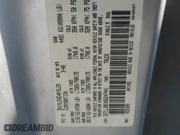 2006 Dodge 3500 SLT with VIN 3D7LL38C46G247441, listed as a Copart auction lot 66306424 with 210,701 mi miles and Clean title. Bid and sale history available at DreamBid. Image 13.