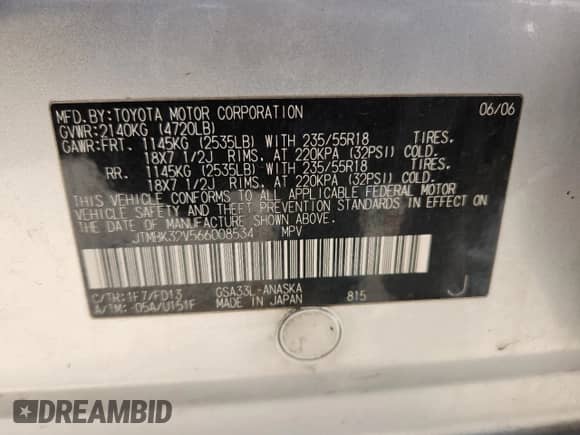 2006 Toyota RAV4 Sport with VIN JTMBK32V566008534, listed as a Copart auction lot 82728365 with 254,851 mi miles and Clean title. Bid and sale history available at DreamBid. Image 12.