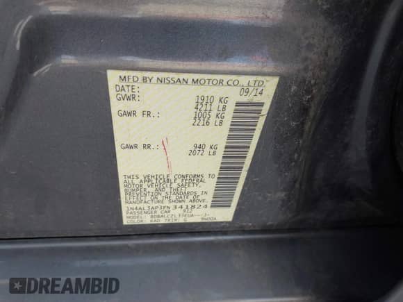 2015 Nissan Altima S с VIN 1N4AL3AP3FN341824, выставлен на аукционе IAAI как лот 43195284 с пробегом 158 650 миль миль и . История ставок и продаж доступна на DreamBid. Изображение 9.