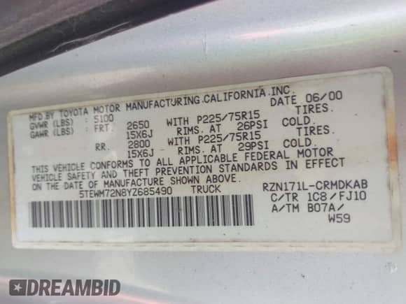 2000 Toyota Tacoma with VIN 5TEWM72N8YZ685490, listed as a IAAI auction lot 41938731 with 222,785 mi miles and . Bid and sale history available at DreamBid. Image 9.