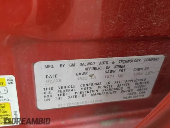 2009 Chevrolet Aveo 1LT with VIN KL1TD56E49B341296, listed as a Copart auction lot 57745645 with 44,589 mi miles and Salvage title. Bid and sale history available at DreamBid. Image 12.