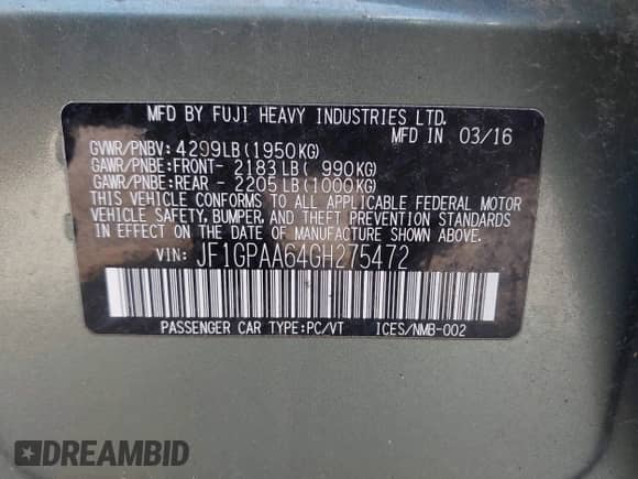 2016 Subaru Impreza 2.0i с VIN JF1GPAA64GH275472, выставлен на аукционе IAAI как лот 42941395 с пробегом 142 689 миль миль и . История ставок и продаж доступна на DreamBid. Изображение 9.