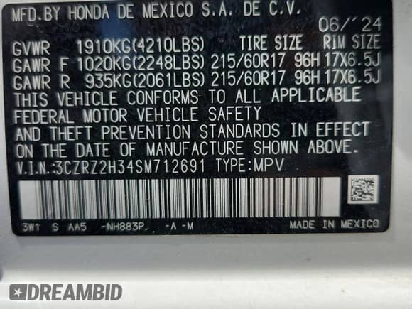 2025 Honda HR-V LX with VIN 3CZRZ2H34SM712691, listed as a Copart auction lot 72010325 with 17,597 mi miles and Salvage title. Bid and sale history available at DreamBid. Image 13.