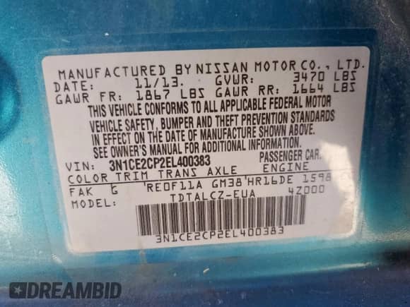 2014 Nissan Note S with VIN 3N1CE2CP2EL400383, listed as a Copart auction lot 56564265 with 207,464 mi miles and Salvage title. Bid and sale history available at DreamBid. Image 12.