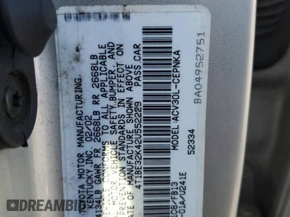 2002 Toyota Camry LE with VIN 4T1BE32K42U552229, listed as a Copart auction lot 84379825 with 258,234 mi miles and Salvage title. Bid and sale history available at DreamBid. Image 12.