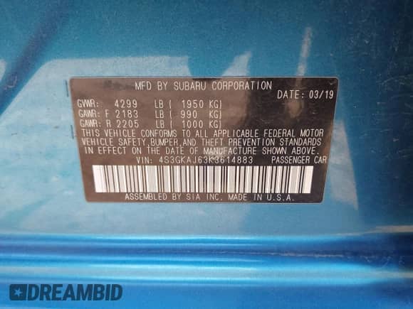 2019 Subaru Impreza Special Sports z VIN 4S3GKAJ63K3614883, wystawiony jako IAAI lot #42050731 z przebiegiem 65 579 mil mil oraz . Historia ofert i sprzedaży dostępna na DreamBid. Obrazek 9.