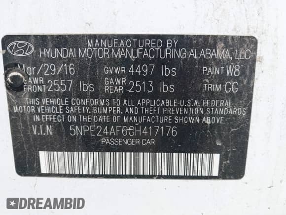 2016 Hyundai Sonata SE with VIN 5NPE24AF6GH417176, listed as a IAAI auction lot 42889380 with 177,278 mi miles and . Bid and sale history available at DreamBid. Image 9.