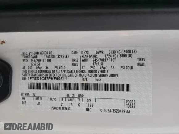 2023 Ford F-150 XL с VIN 1FTEX1C57PKF99511, выставлен на аукционе Copart как лот 80437125 с пробегом 75 569 миль миль и Списание • Salvage title. История ставок и продаж доступна на DreamBid. Изображение 12.