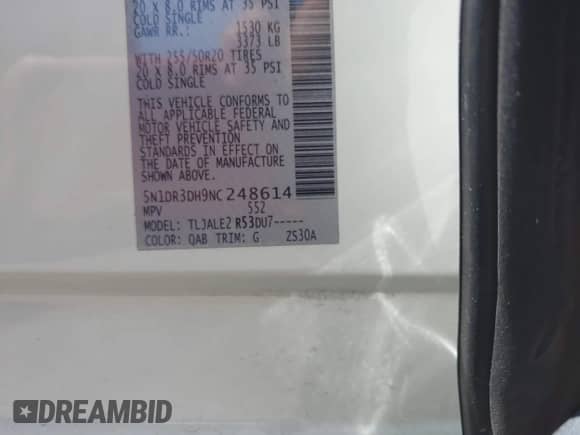 2022 Nissan Pathfinder Platinum с VIN 5N1DR3DH9NC248614, выставлен на аукционе IAAI как лот 42324645 с пробегом 35 148 миль миль и . История ставок и продаж доступна на DreamBid. Изображение 9.