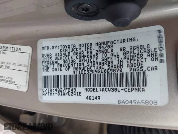 2002 Toyota Camry LE with VIN 4T1BE32K92U069870, listed as a IAAI auction lot 43498390 with 137,376 mi miles and . Bid and sale history available at DreamBid. Image 9.