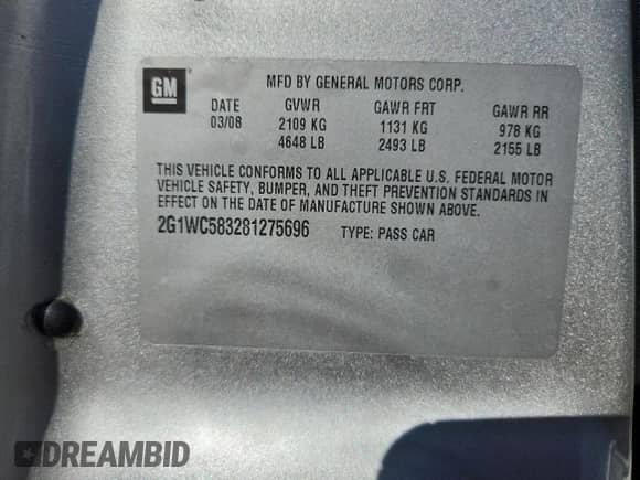 2008 Chevrolet Impala LT z VIN 2G1WC583281275696, wystawiony jako Copart lot #71961935 z przebiegiem 108 087 mil mil oraz Czysty tytuł • Clean title. Historia ofert i sprzedaży dostępna na DreamBid. Obrazek 13.