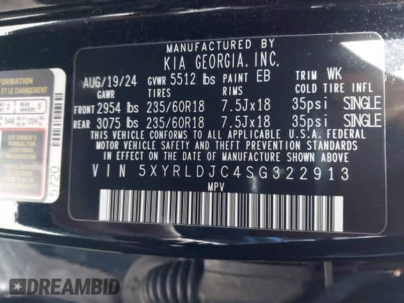 2025 Kia Sorento S with VIN 5XYRLDJC4SG322913, listed as a IAAI auction lot 42328741 with 13,180 mi miles and . Bid and sale history available at DreamBid. Image 9.