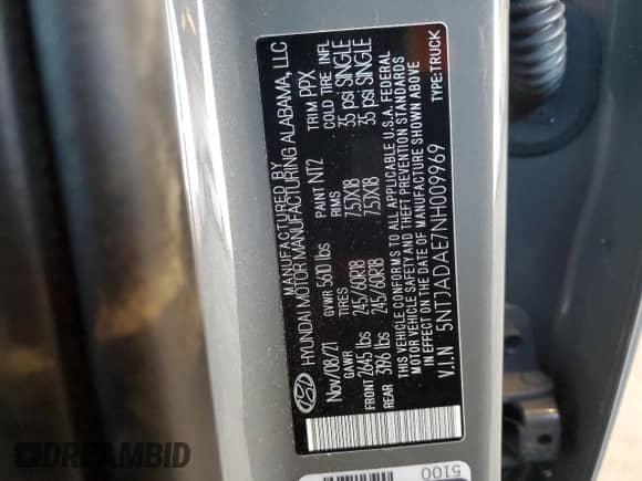 2022 Hyundai Santa Cruz SE с VIN 5NTJADAE7NH009969, выставлен на аукционе Copart как лот 42262335 с пробегом 25 017 миль миль и Списание • Salvage title. История ставок и продаж доступна на DreamBid. Изображение 12.