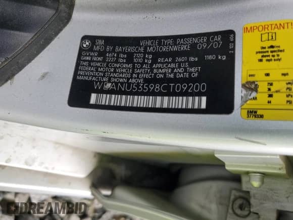 2008 BMW 5 Series 528i with VIN WBANU53598CT09200, listed as a Copart auction lot 81841815 with 339,761 mi miles and Clean title. Bid and sale history available at DreamBid. Image 13.