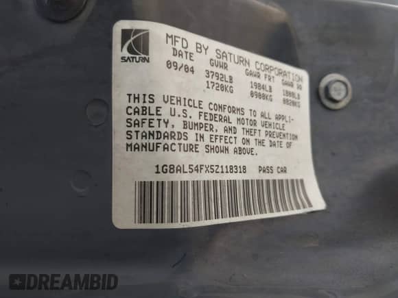 2005 Saturn ION ION 3 с VIN 1G8AL54FX5Z118318, выставлен на аукционе IAAI как лот 42338282 с пробегом 113 620 миль миль и . История ставок и продаж доступна на DreamBid. Изображение 9.
