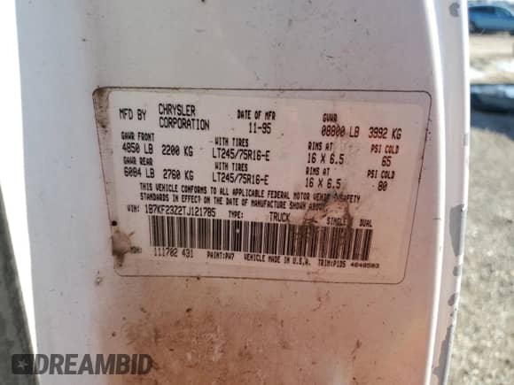 1996 Dodge 2500 with VIN 1B7KF23Z2TJ121785, listed as a Copart auction lot 85332304 with 111,664 mi miles and Clean title. Bid and sale history available at DreamBid. Image 12.