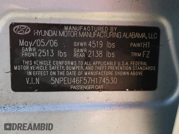 2007 Hyundai Sonata SE with VIN 5NPEU46F57H174530, listed as a Copart auction lot 85730335 with 197,279 mi miles and Salvage title. Bid and sale history available at DreamBid. Image 12.