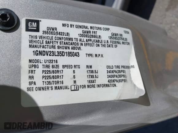 2005 Chevrolet Uplander LS z VIN 1GNDV23L35D185043, wystawiony jako IAAI lot #42577912 z przebiegiem 147 195 mil mil oraz . Historia ofert i sprzedaży dostępna na DreamBid. Obrazek 9.