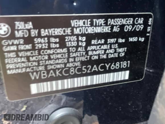 2010 BMW 7 Series 750Li xDrive with VIN WBAKC8C52ACY68181, listed as a Copart auction lot 69687175 with 164,467 mi miles and Clean title. Bid and sale history available at DreamBid. Image 10.