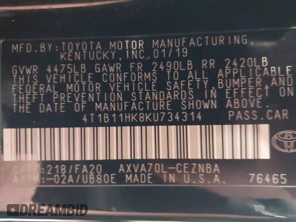 2019 Toyota Camry SE z VIN 4T1B11HK8KU734314, wystawiony jako IAAI lot #42782748 z przebiegiem 48 451 mil mil oraz . Historia ofert i sprzedaży dostępna na DreamBid. Obrazek 9.