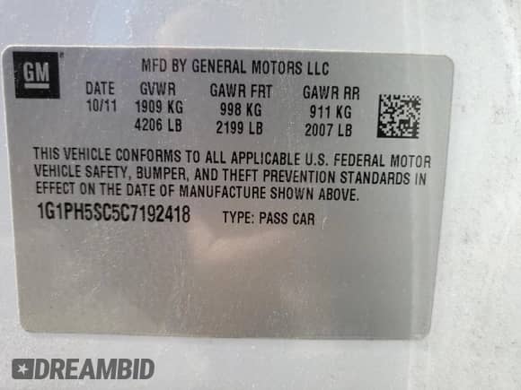 2012 Chevrolet Cruze LTZ с VIN 1G1PH5SC5C7192418, выставлен на аукционе Copart как лот 84396765 с пробегом Не указан миль и На запчасти • Non repairable. История ставок и продаж доступна на DreamBid. Изображение 12.