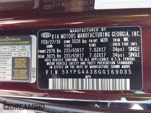 2016 Kia Sorento L with VIN 5XYPG4A38GG169035, listed as a IAAI auction lot 43069831 with 104,276 mi miles and . Bid and sale history available at DreamBid. Image 9.