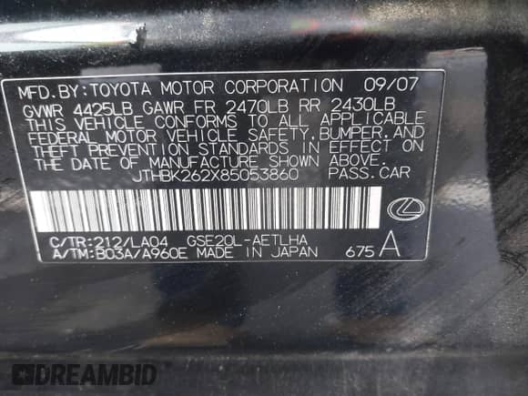 2008 Lexus IS 250 с VIN JTHBK262X85053860, выставлен на аукционе IAAI как лот 43039115 с пробегом 179 509 миль миль и . История ставок и продаж доступна на DreamBid. Изображение 9.