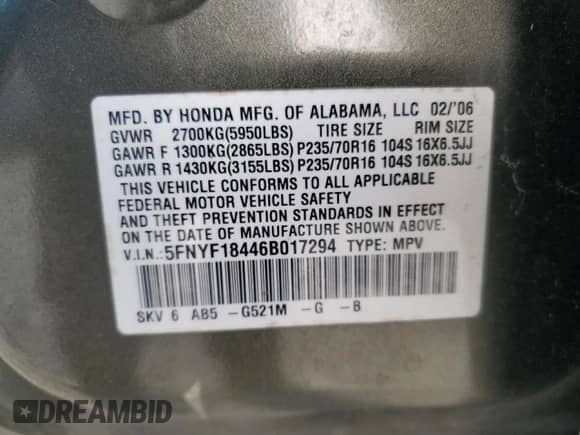 2006 Honda Pilot EX z VIN 5FNYF18446B017294, wystawiony jako Copart lot #80816485 z przebiegiem 201 547 mil mil oraz Szkoda całkowita • Salvage title. Historia ofert i sprzedaży dostępna na DreamBid. Obrazek 14.