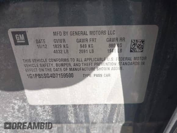 2013 Chevrolet Cruze LS with VIN 1G1PB5SG4D7159500, listed as a IAAI auction lot 41744134 with 97,346 mi miles and . Bid and sale history available at DreamBid. Image 9.