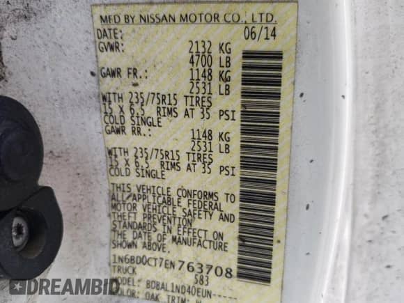 2014 Nissan Frontier S with VIN 1N6BD0CT7EN763708, listed as a Copart auction lot 59985965 with 194,857 mi miles and Clean title. Bid and sale history available at DreamBid. Image 12.