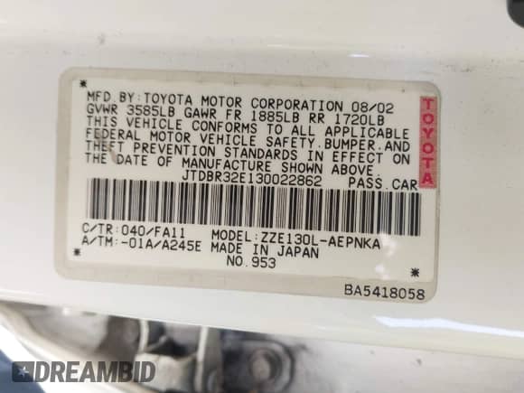 2003 Toyota Corolla LE с VIN JTDBR32E130022862, выставлен на аукционе IAAI как лот 43475910 с пробегом 112 418 миль миль и . История ставок и продаж доступна на DreamBid. Изображение 9.