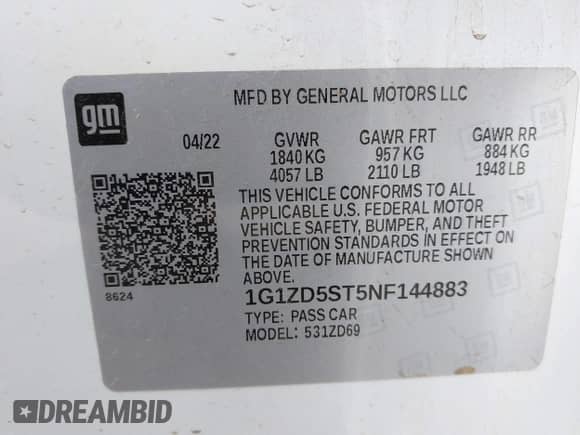 2022 Chevrolet Malibu LT z VIN 1G1ZD5ST5NF144883, wystawiony jako IAAI lot #43262595 z przebiegiem Nie podano mil oraz . Historia ofert i sprzedaży dostępna na DreamBid. Obrazek 9.