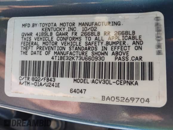 2003 Toyota Camry XLE with VIN 4T1BE32K73U660930, listed as a IAAI auction lot 43162968 with 291,748 mi miles and . Bid and sale history available at DreamBid. Image 9.