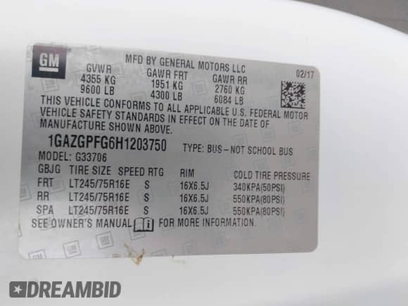 2017 Chevrolet Express Passenger LT with VIN 1GAZGPFG6H1203750, listed as a IAAI auction lot 42782626 with 193,843 mi miles and . Bid and sale history available at DreamBid. Image 9.