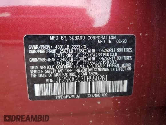 2020 Subaru Forester Premium с VIN JF2SKAGC3LH550261, выставлен на аукционе Copart как лот 63109305 с пробегом 55 608 миль миль и Списание • Salvage title. История ставок и продаж доступна на DreamBid. Изображение 14.