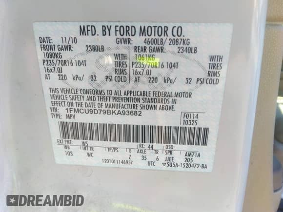 2011 Ford Escape XLT with VIN 1FMCU9D79BKA93682, listed as a IAAI auction lot 37467289 with 108,175 mi miles and . Bid and sale history available at DreamBid. Image 9.