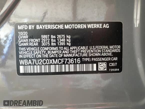 2021 BMW 7 Series 750i xDrive with VIN WBA7U2C0XMCF73616, listed as a Copart auction lot 62939935 with 57,052 mi miles and Salvage title. Bid and sale history available at DreamBid. Image 12.