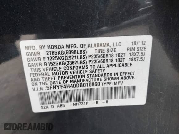 2013 Honda Pilot EX with VIN 5FNYF4H40DB010860, listed as a IAAI auction lot 43457900 with 113,111 mi miles and . Bid and sale history available at DreamBid. Image 9.
