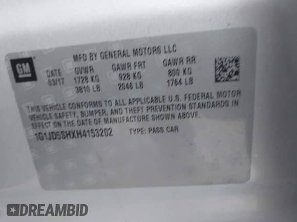 2017 Chevrolet Sonic LT with VIN 1G1JD5SHXH4153202, listed as a IAAI auction lot 43317022 with 58,489 mi miles and . Bid and sale history available at DreamBid. Image 9.